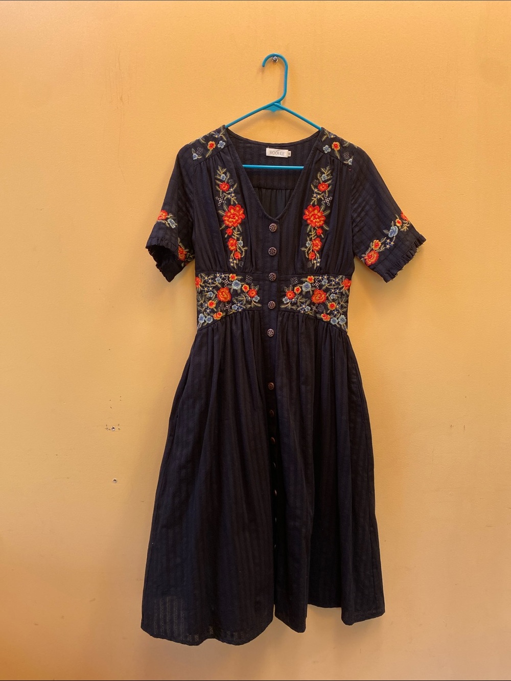 XS Roolee Black Midi Dress with Red Floral Embroidery